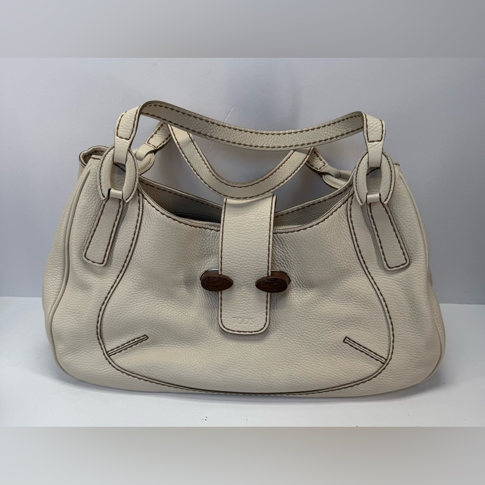 Tod's Cream Leather Shoulder Bag with Brown Accents